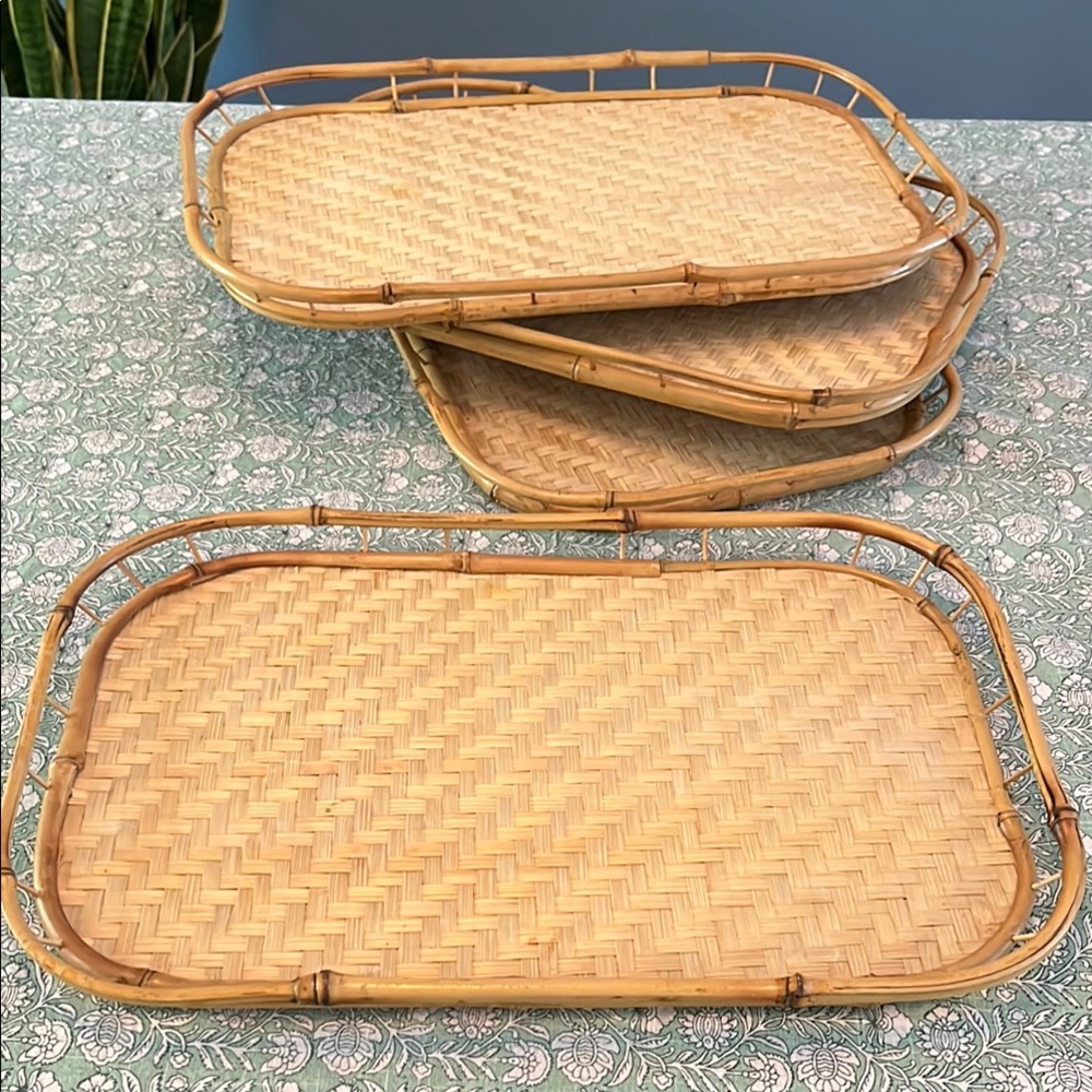 4 Pc Natural Bamboo Tray Set